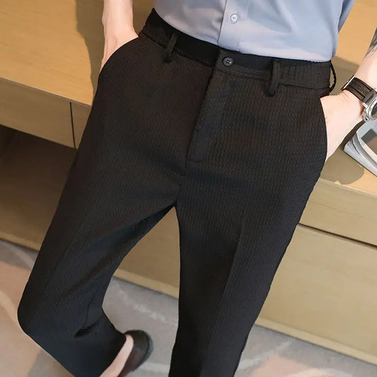 Trousers For Men Social Tailoring Slim Fit Khaki Business Waffle Tressed Work Wear Man Suits Pants Luxury Luxury Spring Clothes - Ellianto fashion Men's
