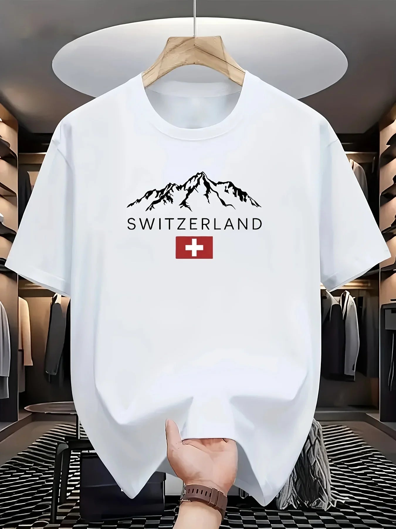 2025 New European Men's Summer 100% Pure Cotton Fashionable Casual Sporty Swiss mountain Pattern Printed round-neck short-sleeve - Ellianto fashion Men's