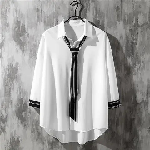 Spring Autumn Popular INS Short Sleeves Japanese Style Casual Shirt Men's Loose-Fit White Collar Button-Up Top For Summer