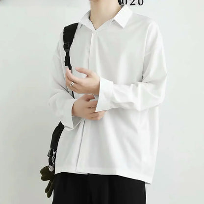 Trendy Korean Style Black Long Sleeve Casual Loose Fit Men's Shirt Draped Fashionable Smart Casual Thin Knit Top For Men - Ellianto fashion Men's