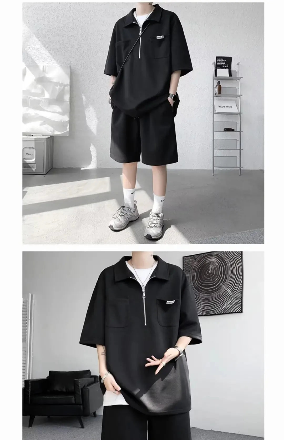 Ice Silk Short Sleeve Polo Shirt Men Summer Trendy Shorts Casual Sports Set Seven Half Zipper Comfortable Thin Male Clothing - Ellianto fashion Men's