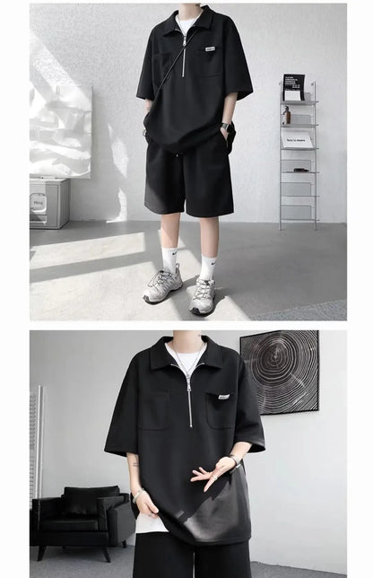 Ice Silk Short Sleeve Polo Shirt Men Summer Trendy Shorts Casual Sports Set Seven Half Zipper Comfortable Thin Male Clothing - Ellianto fashion Men's