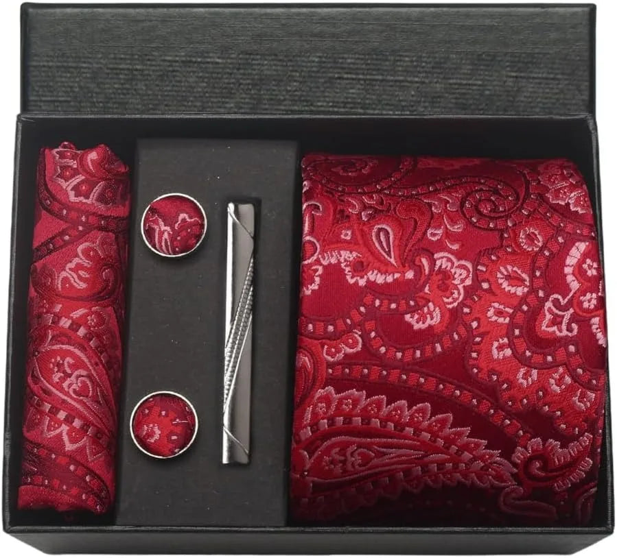 100% Silk Necktie Paisley Floral Mens Tie Top Quality Business Tie Pocket Square Tie Clip Cufflinks Set Classic For Men Gift Box - Ellianto fashion Men's