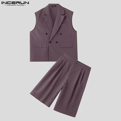 INCERUN 2025 American Style Sets New Men's Sleeveless Vests Shorts Casual Well Fitting Male Double Breasted Two-piece Sets S-5XL - Ellianto fashion Men's