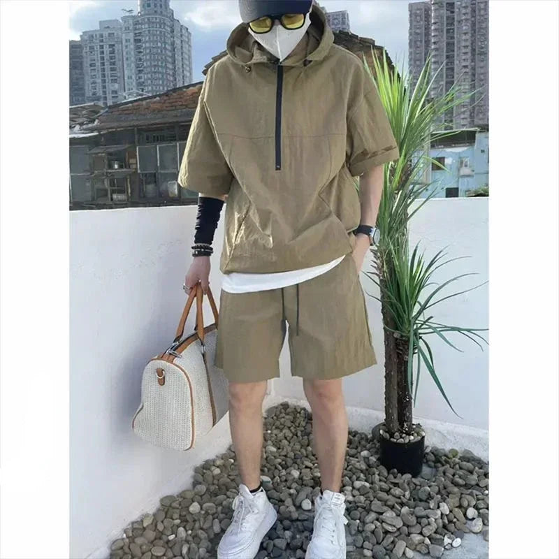 Summer Cargo Style Set Men's Casual Hooded Solid Short Sleeve T-shirt Shorts Loose Fashion High Quality Handsome Sweatshirt Suit - Ellianto fashion Men's
