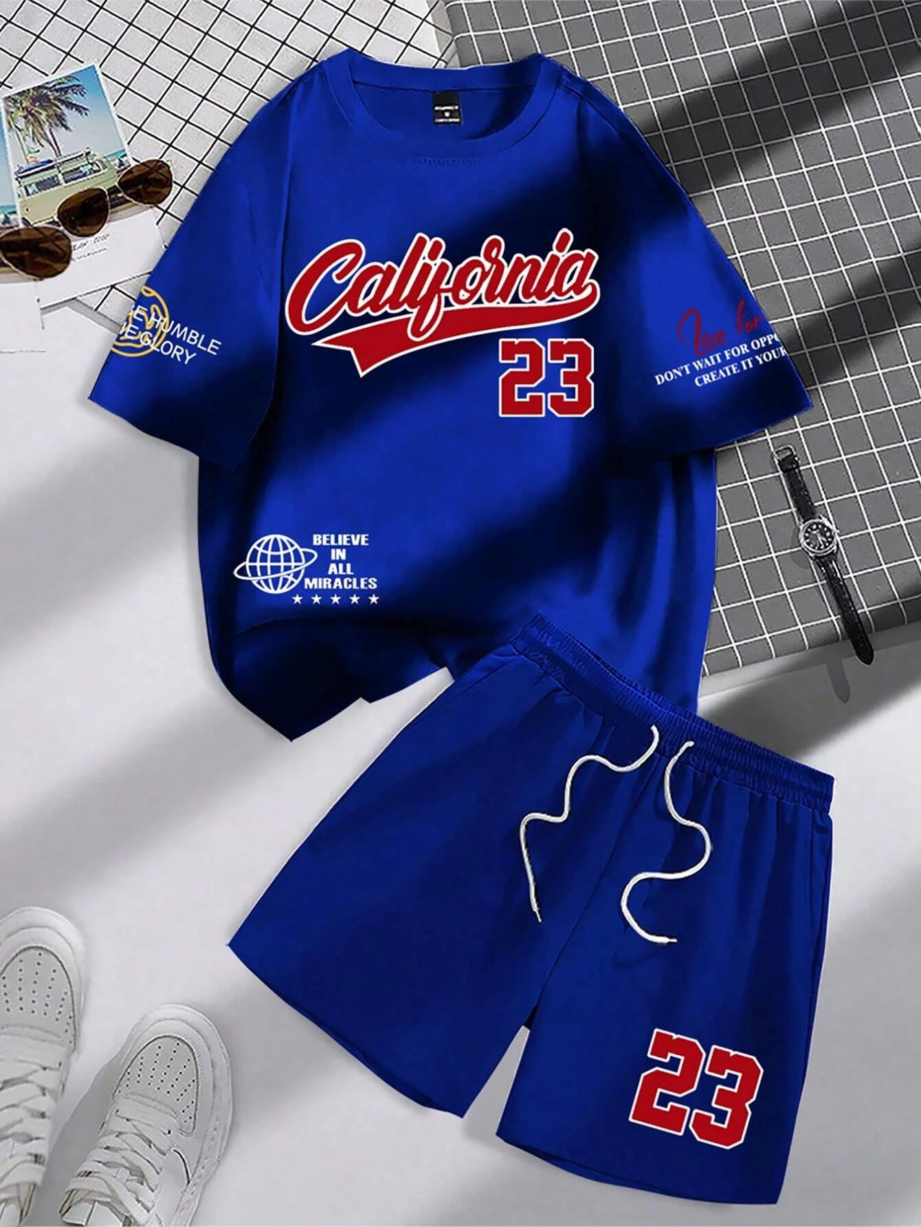 Set Summer Trend Men's Round Neck Short Sleeve Set Fashion Personalized Alphanumeric Print Round Neck T-shirt and Shorts Two Piece - Ellianto fashion Men's