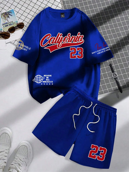 Set Summer Trend Men's Round Neck Short Sleeve Set Fashion Personalized Alphanumeric Print Round Neck T-shirt and Shorts Two Piece - Ellianto fashion Men's