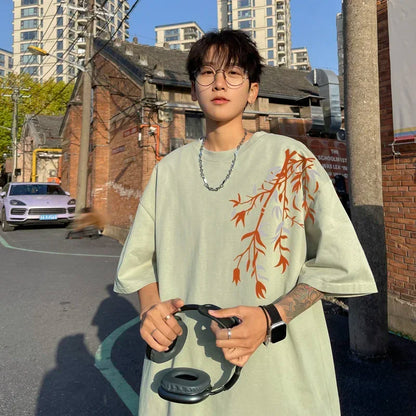 Men's Oversized T-shirts Mens Cotton T Shirt White 5XL Casual Summer Wear Fashion Bamboo Print Tee Shirts for Men Clothing - Ellianto fashion Men's