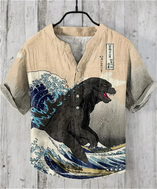 2025 Summer Japanese Water Monster Pattern Print Men's Short Sleeve Linen Shirt Hawaiian New Big Monster Shirt