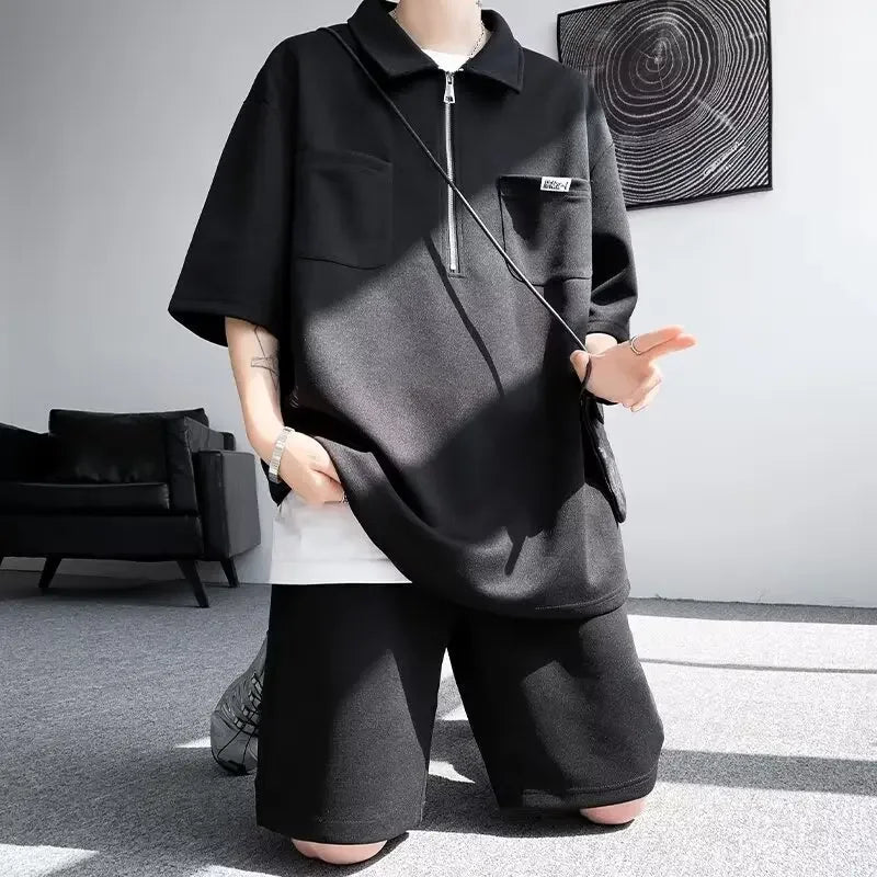 Ice Silk Short Sleeve Polo Shirt Men Summer Trendy Shorts Casual Sports Set Seven Half Zipper Comfortable Thin Male Clothing - Ellianto fashion Men's