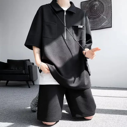 Ice Silk Short Sleeve Polo Shirt Men Summer Trendy Shorts Casual Sports Set Seven Half Zipper Comfortable Thin Male Clothing - Ellianto fashion Men's