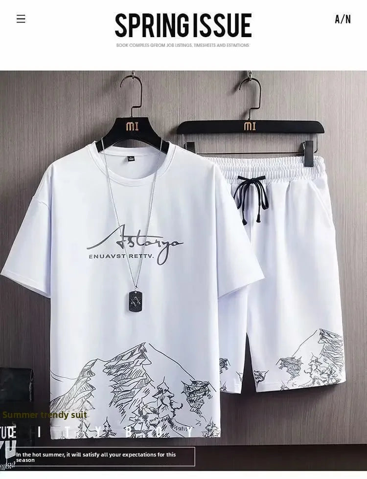Ice Sensation Loose Fit Summer Short Sleeve Basketball Men's T-Shirt Set Quick Dry Breathable Comfortable Two Piece Suit - Ellianto fashion Men's