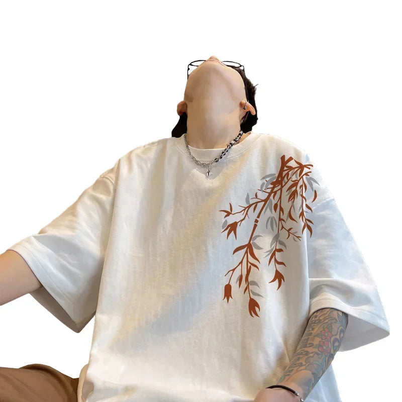 Men's Oversized T-shirts Mens Cotton T Shirt White 5XL Casual Summer Wear Fashion Bamboo Print Tee Shirts for Men Clothing - Ellianto fashion Men's