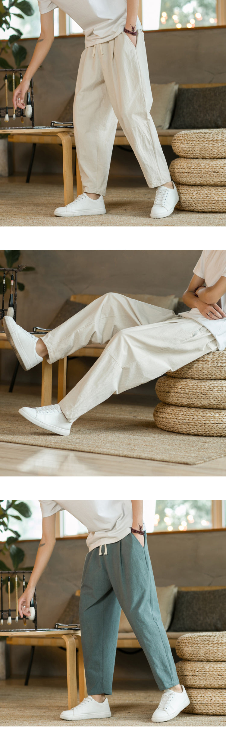 Men's Trousers Cotton Linen Fashion Casual Pants Solid Color Breathable Loose Shorts Straight Drawstring Pants Streetwear Men - Ellianto fashion Men's