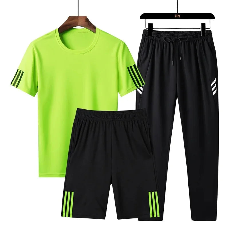 Summer Casual Sports Men's Short Sleeve T-Shirt plus Size Three-Piece Set New Style Long Pants Comfortable Breathable Clothing - Ellianto fashion Men's
