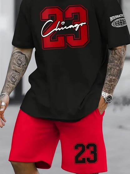 Set 2025 trend Printed Short Sets Tracksuit Plus Size Short-Sleeve Summer Tees $ Shorts Suit Holiday Sports Basketball Number Set - Ellianto fashion Men's