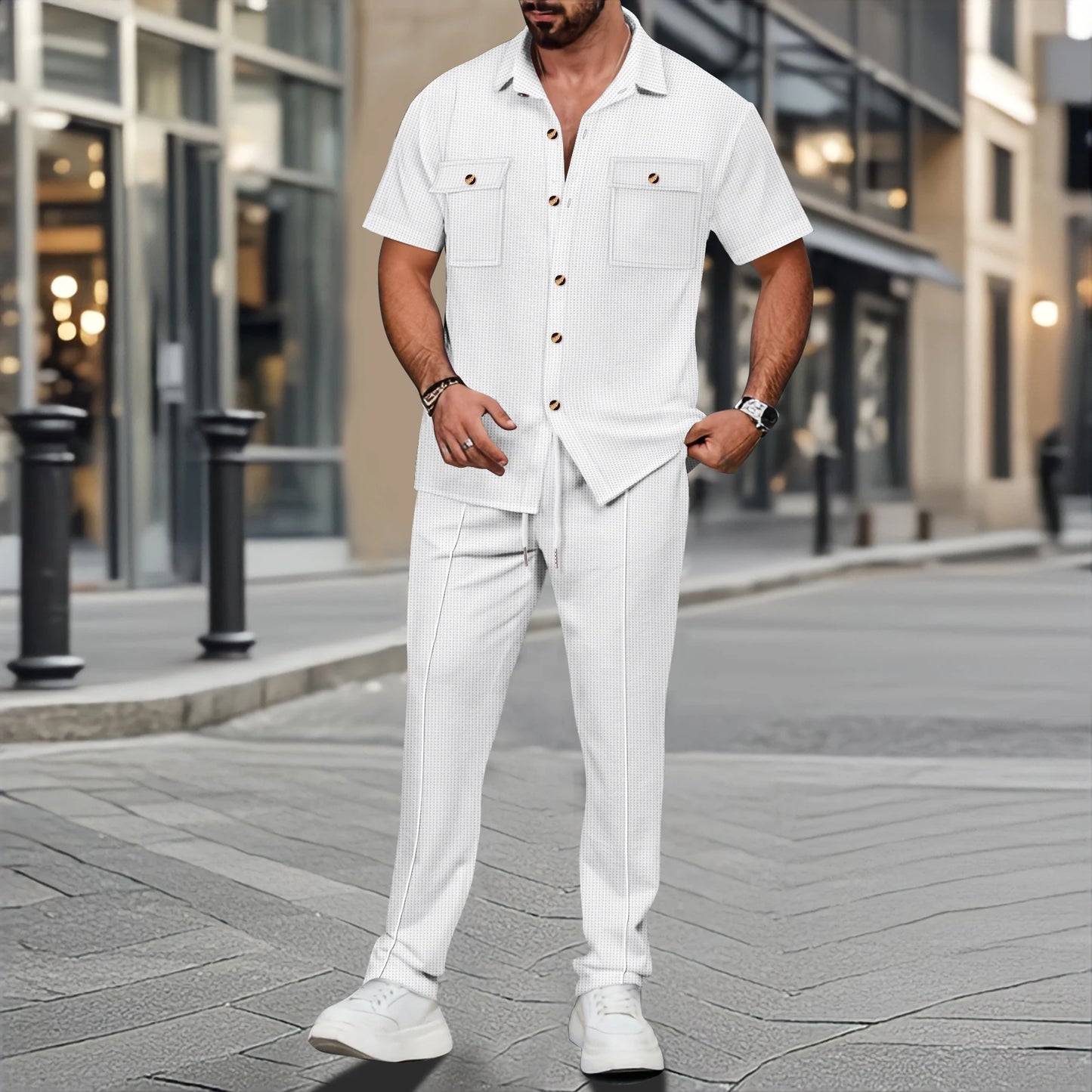 2025 Men's summer new solid color button chest double pocket shirt short sleeve trousers casual two sets - Ellianto fashion Men's