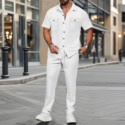2025 Men's summer new solid color button chest double pocket shirt short sleeve trousers casual two sets - Ellianto fashion Men's