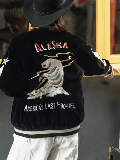 Non Stock 50s Alaska Embroidery Quilted Bomber Jacket Reversible Velveteen Outerwear Unisex