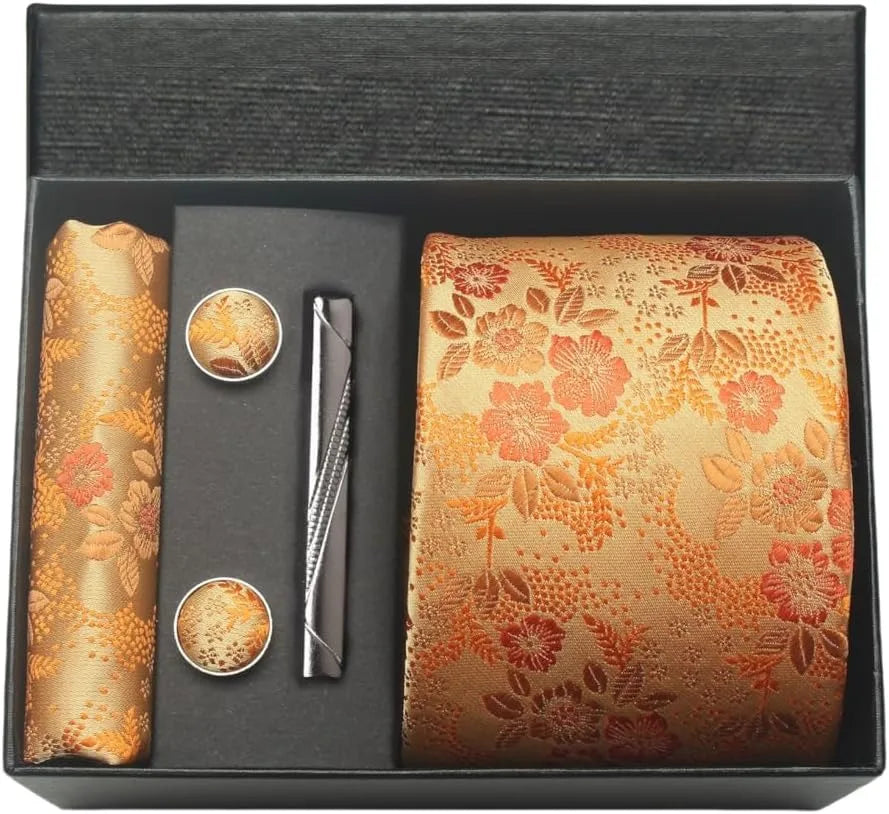 100% Silk Necktie Paisley Floral Mens Tie Top Quality Business Tie Pocket Square Tie Clip Cufflinks Set Classic For Men Gift Box - Ellianto fashion Men's