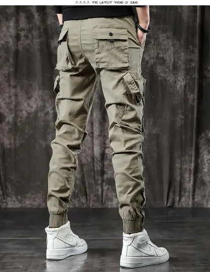 Trendy Men's Spring Autumn Cargo Pants Slim Fit Casual Style Loose Fit American Style Multiple Pocket Small Foot Pants Black - Ellianto fashion Men's