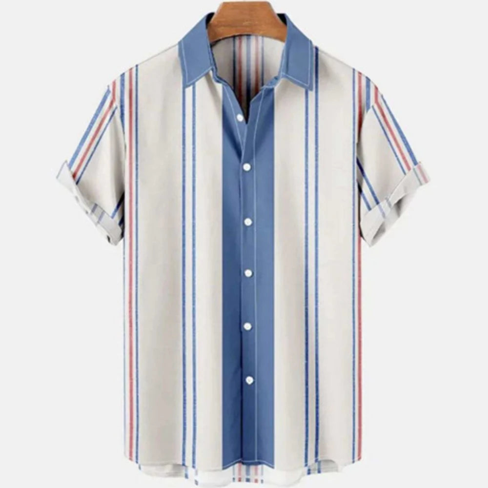 Summer New Short Sleeve Printed Shirt Men's Shirt Collar Casual Fashion Striped Shirt Thin Short Sleeve Shirt Men's - Ellianto fashion Men's