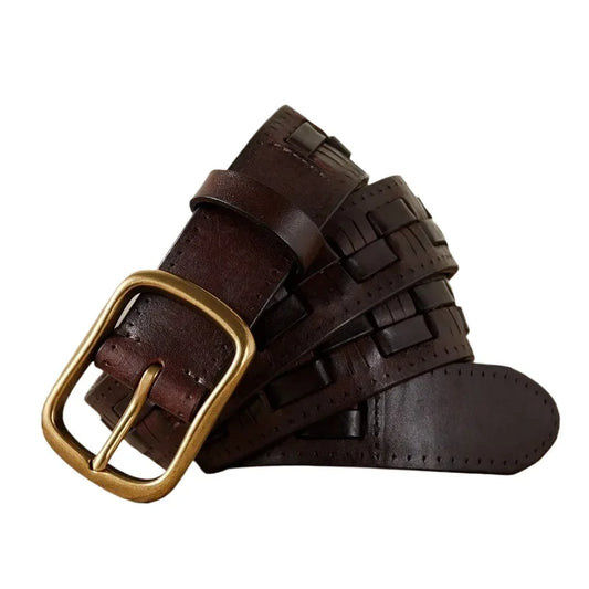 Premium Quality Leather Belt for Men, Handmade Braided Waistband with Retro Style Needle Buckle, First Layer Cowhide Woven Belt - Ellianto fashion Men's