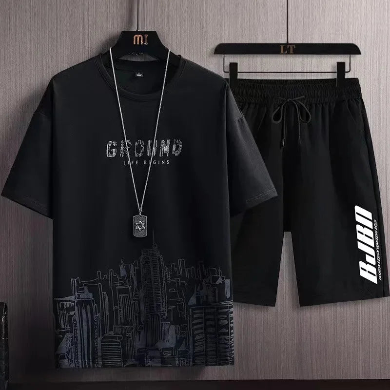 Men's Ice Silk Short Sleeve T-Shirt Suit Summer New Digital Printing Fashionable Korean Style Slims Smooths Your Silhouette Spor - Ellianto fashion Men's