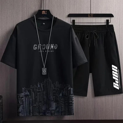 Men's Ice Silk Short Sleeve T-Shirt Suit Summer New Digital Printing Fashionable Korean Style Slims Smooths Your Silhouette Spor - Ellianto fashion Men's