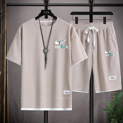 Set 2025 New European and American men's Summer casual cotton and linen short-sleeved shirt + jogging sports shorts 2-piece set - Ellianto fashion Men's