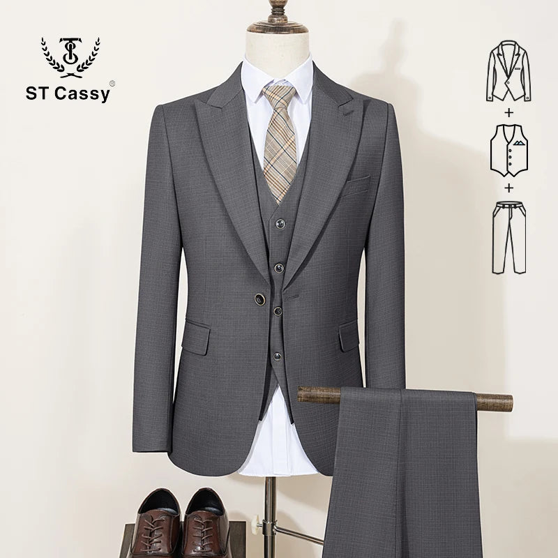 ST Cassy High Quality Men's Suit Summer thin Green Slim Fit Formal Business Office Men's Suits（jacket+Vest+Pants） - Ellianto fashion Men's