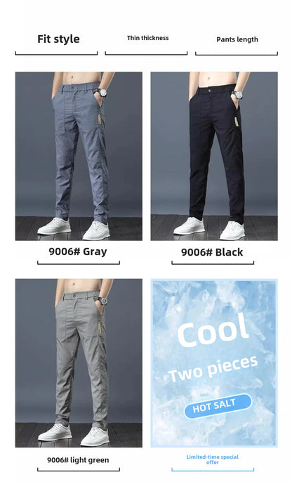 Men's Summer Thin Casual Pants Breathable Ice Silk Elastic Straight-leg Loose-fit Quick Dry Pants Trendy Versatile Long - Ellianto fashion Men's