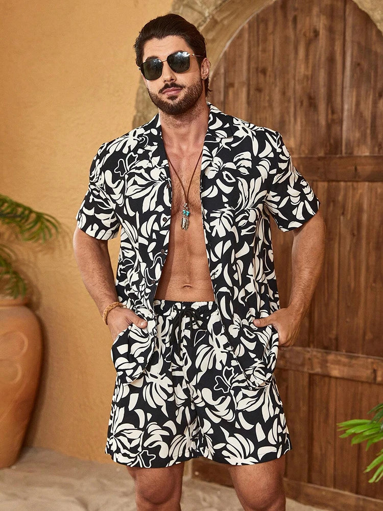 Hawaii Shirt Set Mens Yellow Duck Print Fashion Pattern Summer Fashion Casual Daily Large Button Down Shirt Shorts Two Piece Set - Ellianto fashion Men's