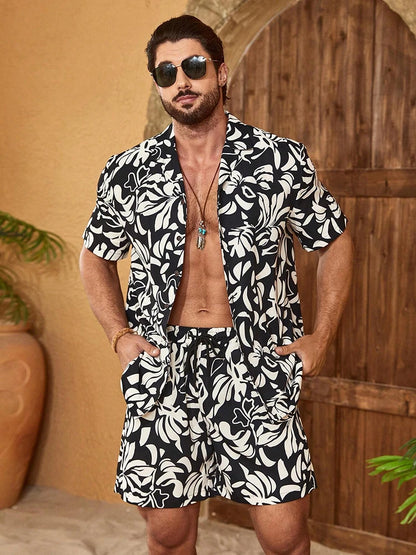 Hawaii Shirt Set Mens Yellow Duck Print Fashion Pattern Summer Fashion Casual Daily Large Button Down Shirt Shorts Two Piece Set - Ellianto fashion Men's