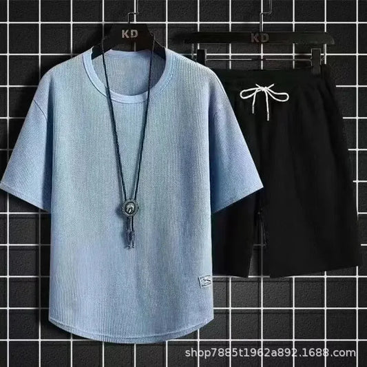Casual Hong Kong Style Men's Pure Color Summer New Short Sleeve Shorts Set Sporty Look Comfortable Breathable Male Outfit - Ellianto fashion Men's