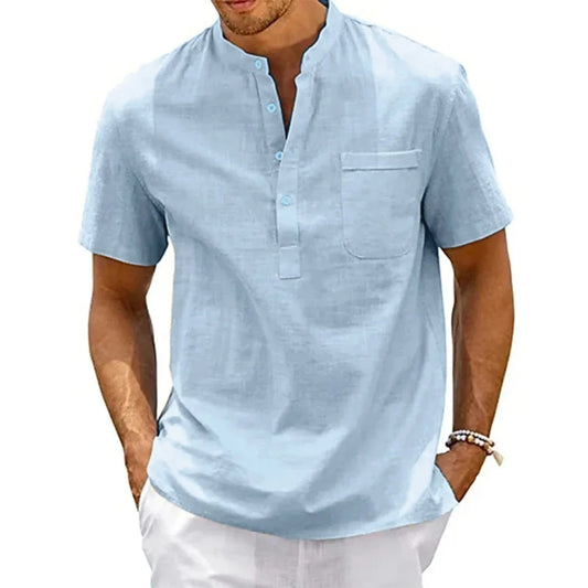 Cotton Linen Shirt Men Henley Neck Pocket Casual Beach Short Sleeve Solid Color Male Tops T-shirts Vintage Streetwear - Ellianto fashion Men's