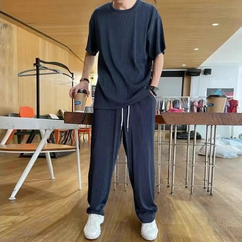 Casualsuit Ice Silk Sports Men's Summer Thin Short Sleeves T-shirt Quick Dry Long Pants Matching Half Sleeve Clothes Set - Ellianto fashion Men's