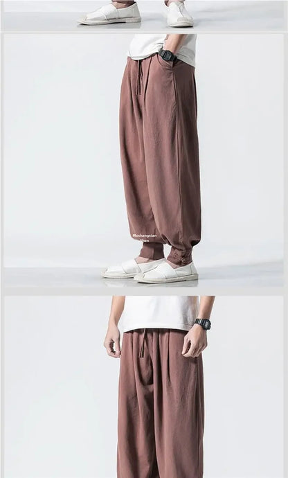 Loose-fit Cotton Linen Men's Women's Monk Pants No Tying Required Casual Spring Summer Long Pants For Zen Meditation - Ellianto fashion Men's