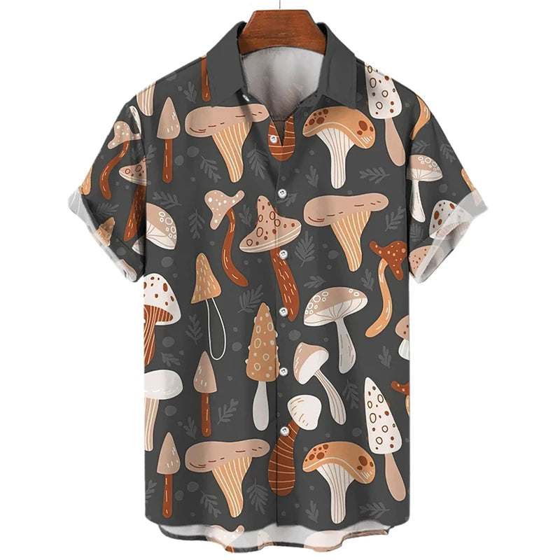 Mushroom 3D Printed Shirts For Men Clothes Cartoon Harajuku Fashion Agaricus Campestris Graphic Blouses Hawaiian Y2k Beach Tops - Ellianto fashion Men's