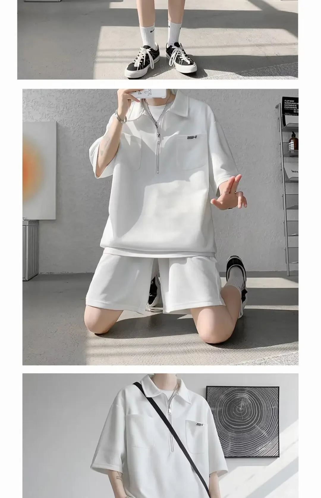 Ice Silk Short Sleeve Polo Shirt Men Summer Trendy Shorts Casual Sports Set Seven Half Zipper Comfortable Thin Male Clothing - Ellianto fashion Men's