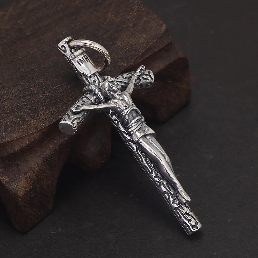 Pure 925 Sterling Silver Crucifix Cross Pendant for Men Women Vintage Catholic Christ Jesus Necklace Regilion Jewelry - Ellianto fashion Men's