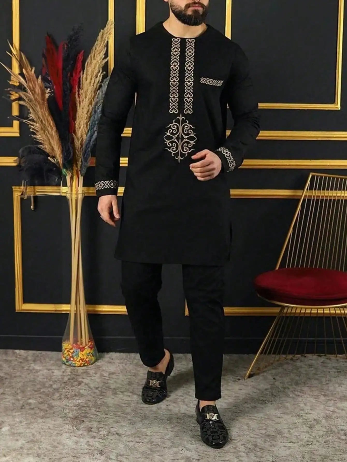 Wedding Suit For Men White Embroidered Pocket Top Pants Ensemble Homme African Traditional Casual Wear 2Pcs Sets Kaftan Outfits - Ellianto fashion Men's