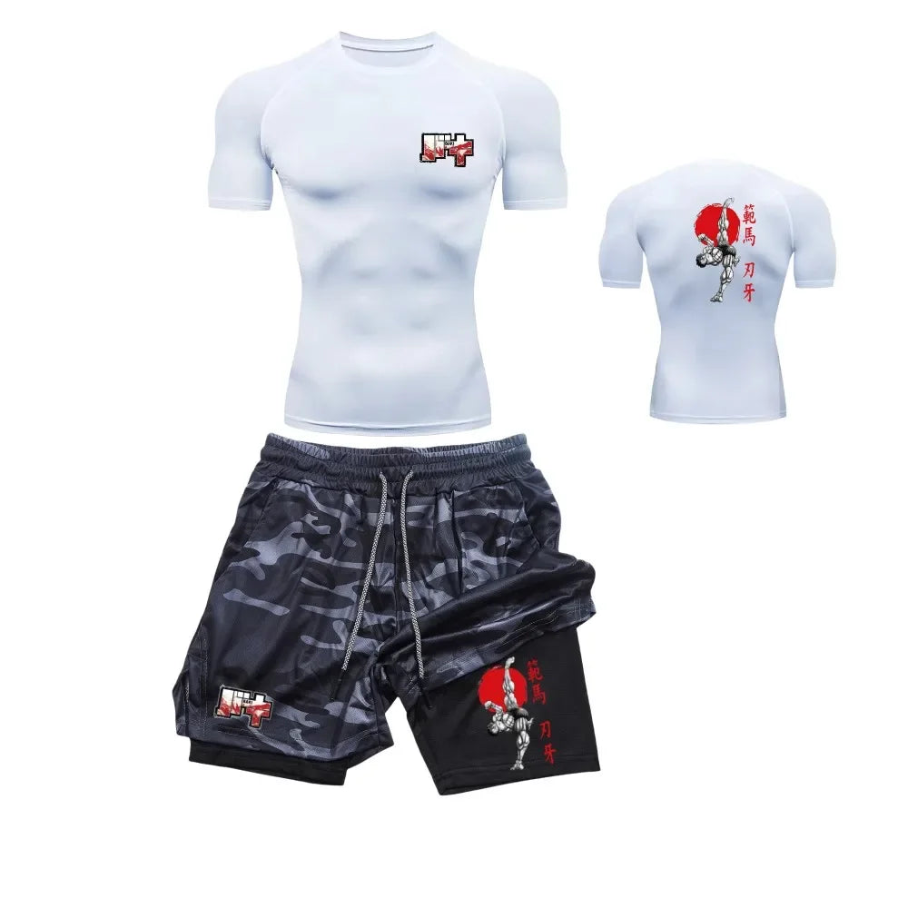 Men’s & Women’s Stylish Sports Set – Quick-Dry Fitness Wear with Baki Hanma Print & 2-in-1 Shorts
