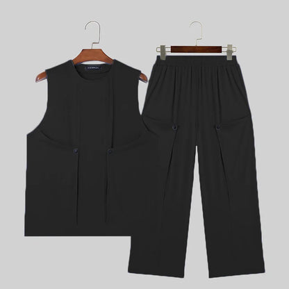 INCERUN Men Sets Solid Color Streetwear O-neck Sleeveless Tank Tops & Pants 2PCS Summer Loose Fashion Men's Casual Suits S-2XL - Ellianto fashion Men's