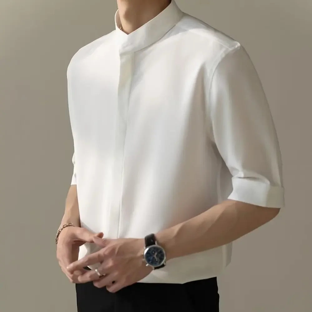 Summer Stand-Collar Ice Silk Shirt – Lightweight, Smooth Fit for Effortless Style and Cool Confidence