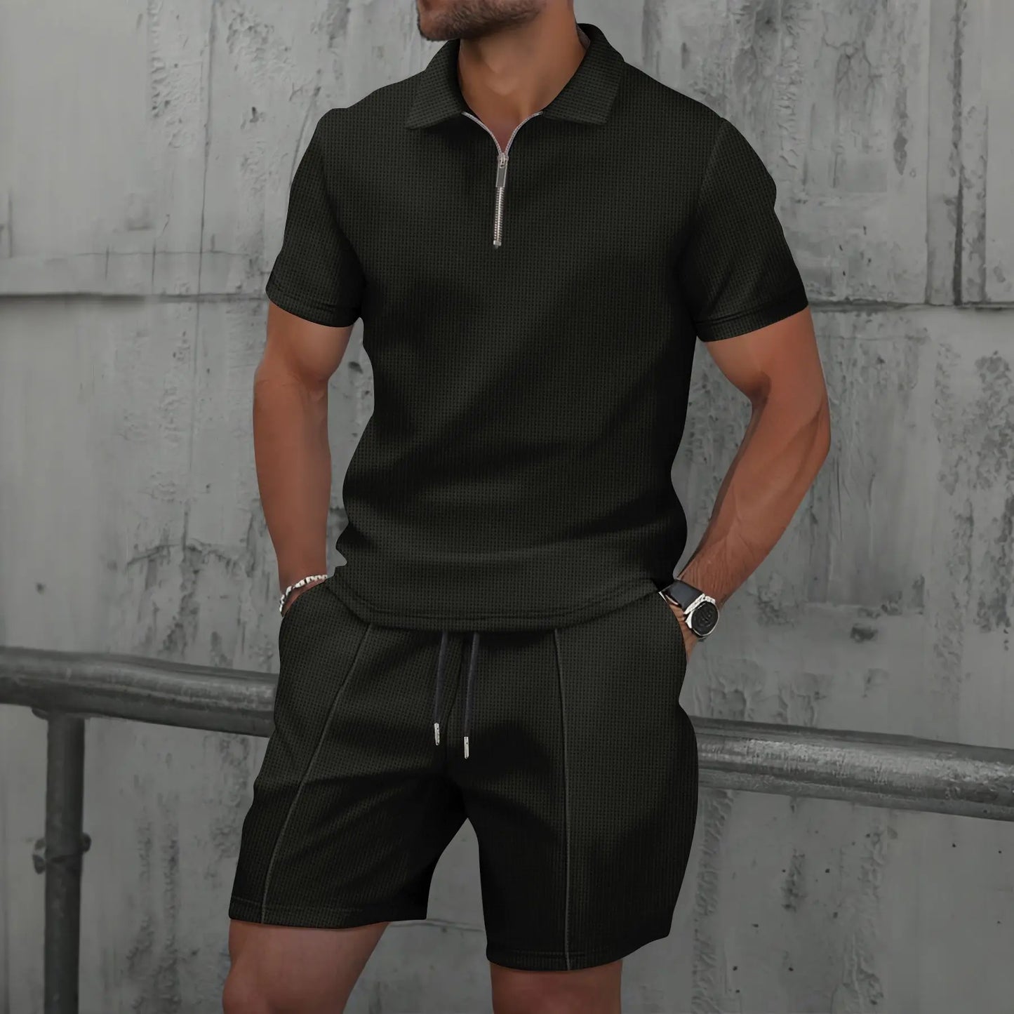 2025 simple men's suit summer new short sleeve shorts two-piece outdoor leisure handsome men's solid color trend suit - Ellianto fashion Men's
