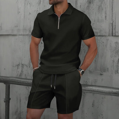 2025 simple men's suit summer new short sleeve shorts two-piece outdoor leisure handsome men's solid color trend suit - Ellianto fashion Men's