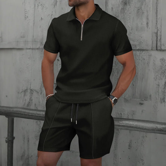 2025 simple men's suit summer new short sleeve shorts two-piece outdoor leisure handsome men's solid color trend suit - Ellianto fashion Men's
