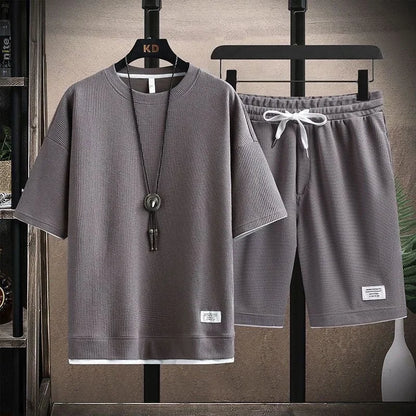Casual Men's Sportswear Set Summer Short Sleeve Drawstring Shorts Loose Five-Quarter Pants Thin Male Outfit Two-Piece Suit - Ellianto fashion Men's