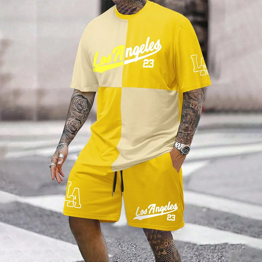 Set Men's Color-Block Los Angeles 23 Print Tracksuit LA Two Piece Outfit for Men T-shirt & Shorts Suit Street Fashion Summer Wear - Ellianto fashion Men's